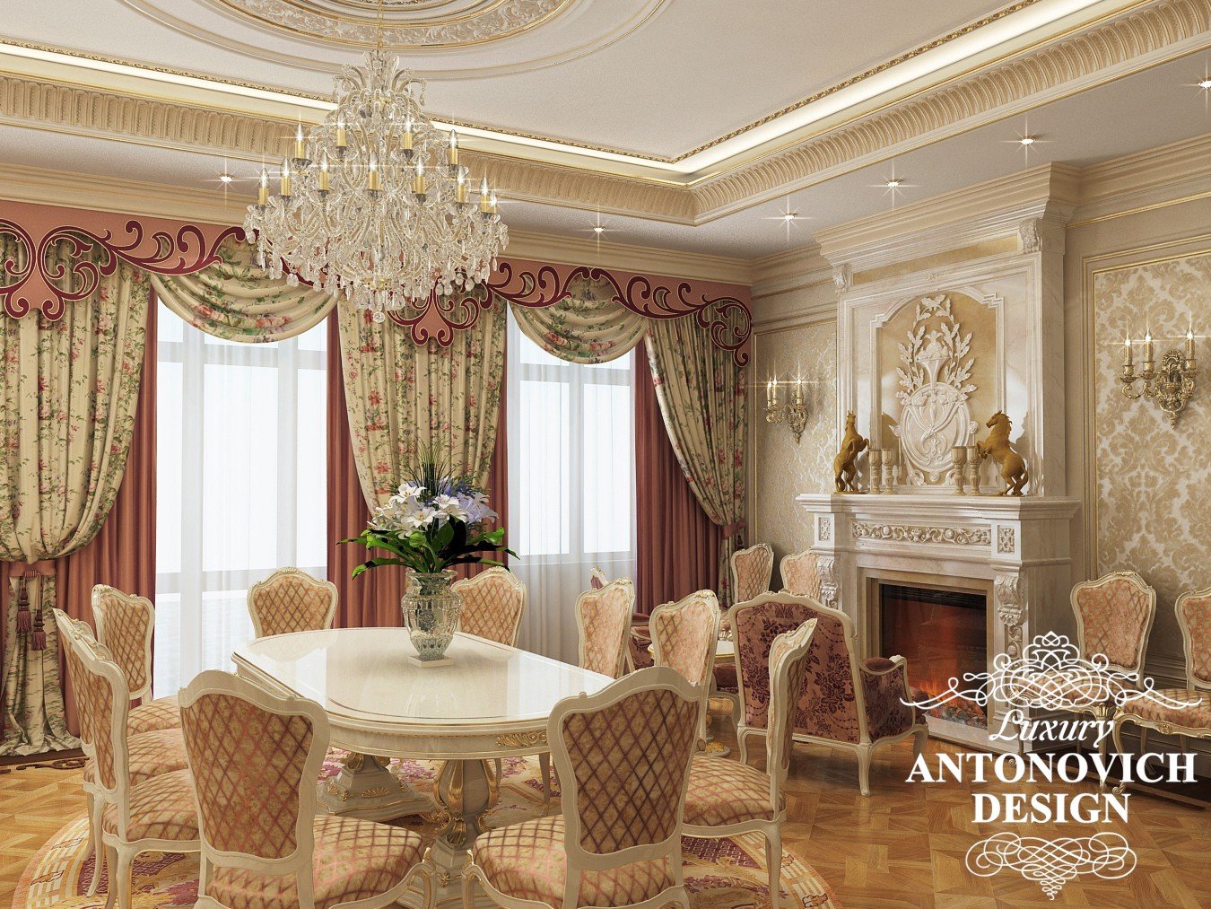 Дизайн гостиной в классическом стиле с камином астана