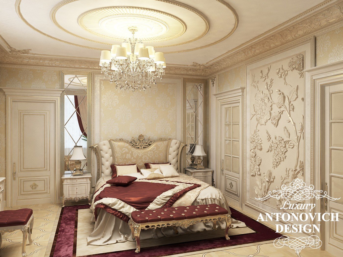 Красивая кровать в интерьере роскошной спальни Астана